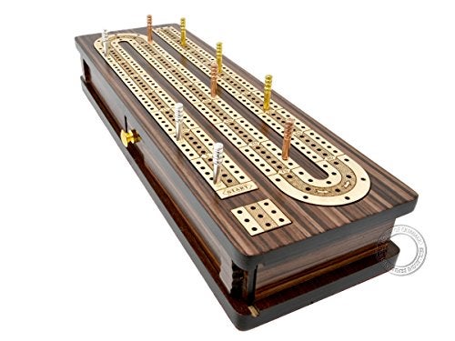 House of Cribbage - Continuous Cribbage Board/Box Inlaid in Rosewood/Maple 12"" - 3 Tracks - Sliding Lid Drawer - Image 4