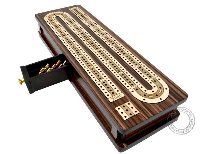 House of Cribbage - Continuous Cribbage Board/Box Inlaid in Rosewood/Maple 12"" - 3 Tracks - Sliding Lid Drawer - Image 1