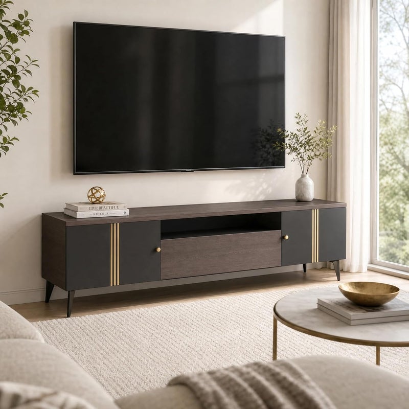 Modern Wenge TV Stand with Gold Accents & Storage - Sleek Media Console for Living Room, Bedroom - Image 1