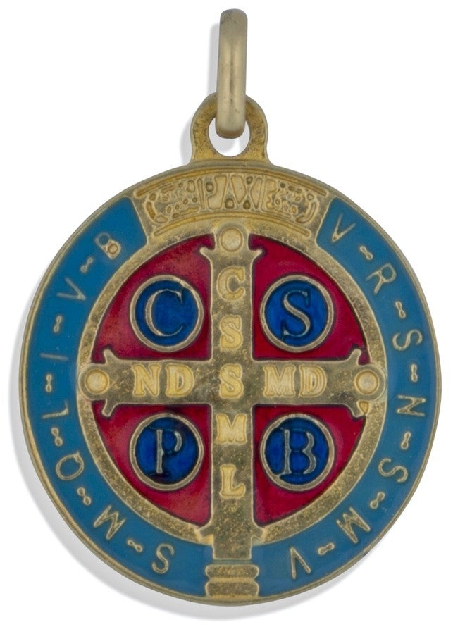 VENERARE Catholic Saint Benedict Medal, 1 1/4" Diameter (Gold with Colored Enamel) - Image 1