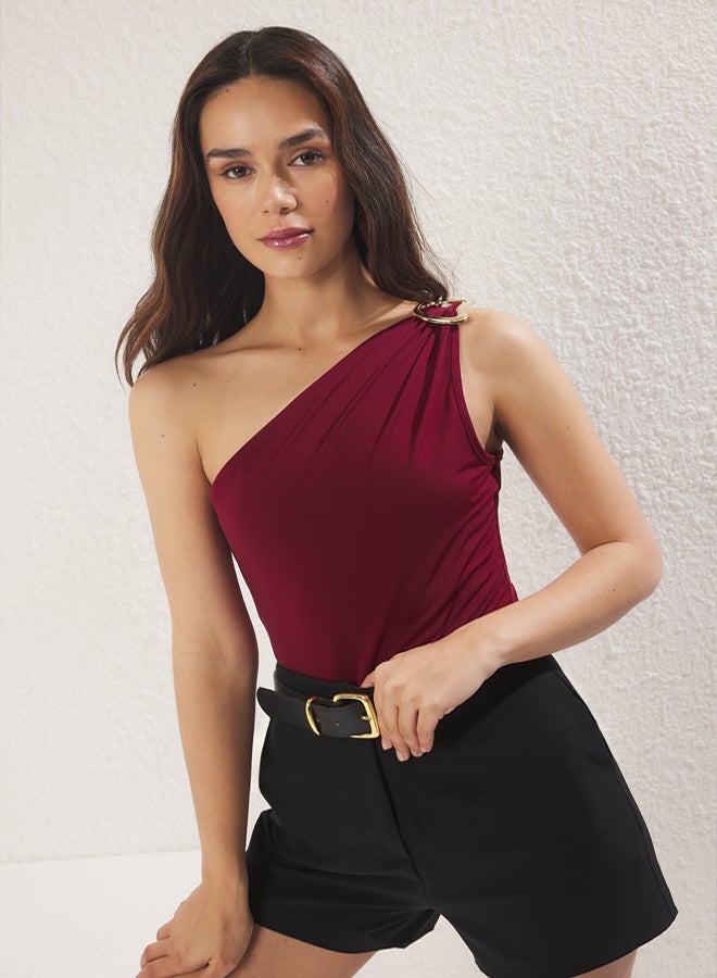 trendyol Burgundy Buckled Accessory Detail Fitted/Fits the Body Snap Elastic Knitted Bodysuit - Image 1