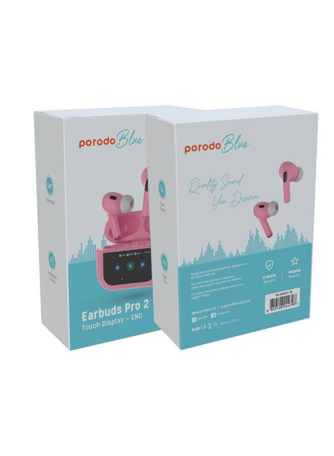 porodo Blue Earbuds Pro2 with Screen, Deep Bass, Touch Control, Camera Shutter, Music Playback, Call Management, 20 Hours Working Time, 1.47 inches Screen Size - Pink - Image 2