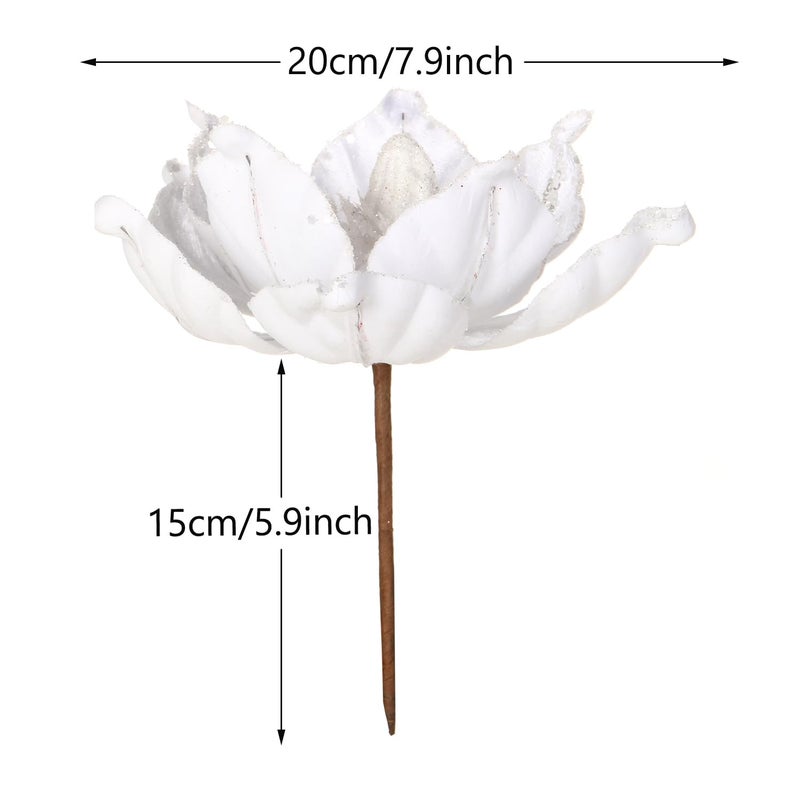 GL-Turelifes 6 Pcs Glitter Christmas Flower Large Artificial Magnolia Flowers Velvet Fold Christmas Tree Flower Decorations Xmas Tree New Year Party Wedding Ornaments (White) - Image 3