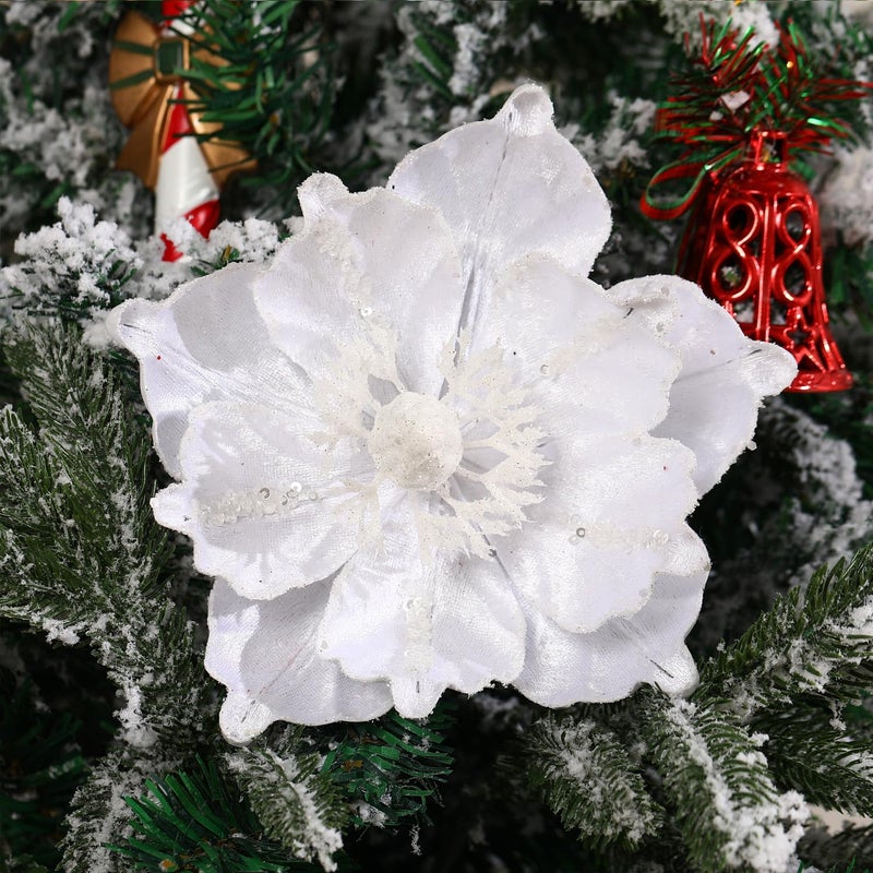GL-Turelifes 6 Pcs Glitter Christmas Flower Large Artificial Magnolia Flowers Velvet Fold Christmas Tree Flower Decorations Xmas Tree New Year Party Wedding Ornaments (White) - Image 2