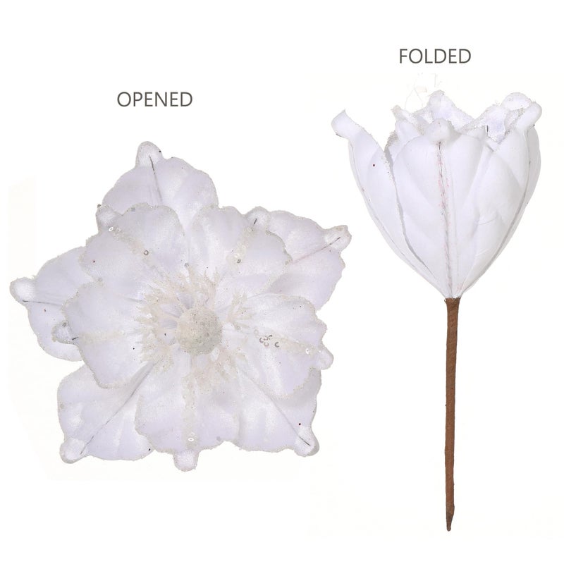 GL-Turelifes 6 Pcs Glitter Christmas Flower Large Artificial Magnolia Flowers Velvet Fold Christmas Tree Flower Decorations Xmas Tree New Year Party Wedding Ornaments (White) - Image 4