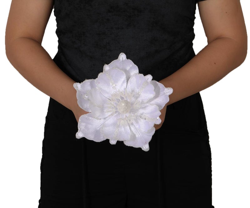 GL-Turelifes 6 Pcs Glitter Christmas Flower Large Artificial Magnolia Flowers Velvet Fold Christmas Tree Flower Decorations Xmas Tree New Year Party Wedding Ornaments (White) - Image 5