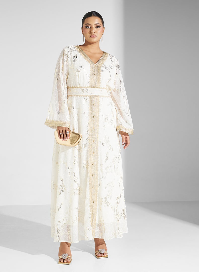 Embroidered Belted Dress