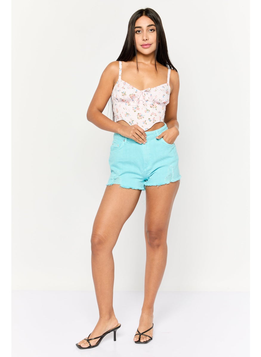 Bershka Women Rip Denim Shorts, Turquoise  - Image 2