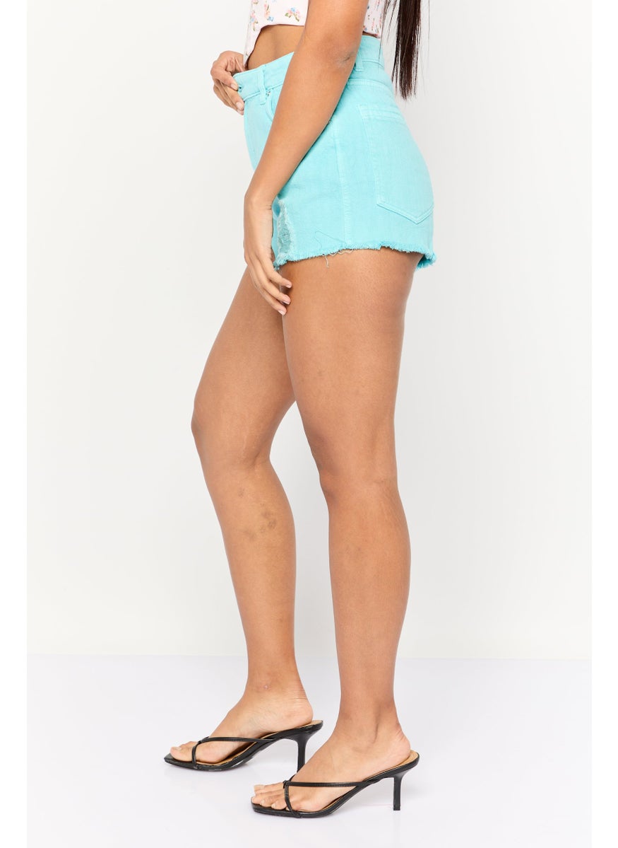 Bershka Women Rip Denim Shorts, Turquoise  - Image 3