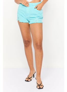 Bershka Women Rip Denim Shorts, Turquoise  - Image 1