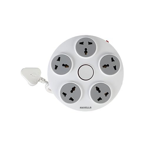 Havells Wheel Star 5X 5+1 Round Extension Board | Overload, Over Current & Over Voltage Protection | 1.5 Mtr Copper Wire | ISI Certified Wire & Plug | Universal 3 Pin 5 Sockets | LED Indicator | Home & Office Use - Image 1
