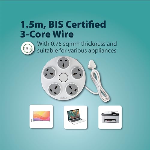 Havells Wheel Star 5X 5+1 Round Extension Board | Overload, Over Current & Over Voltage Protection | 1.5 Mtr Copper Wire | ISI Certified Wire & Plug | Universal 3 Pin 5 Sockets | LED Indicator | Home & Office Use - Image 4