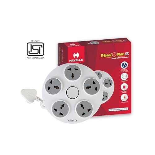 Havells Wheel Star 5X 5+1 Round Extension Board | Overload, Over Current & Over Voltage Protection | 1.5 Mtr Copper Wire | ISI Certified Wire & Plug | Universal 3 Pin 5 Sockets | LED Indicator | Home & Office Use - Image 2