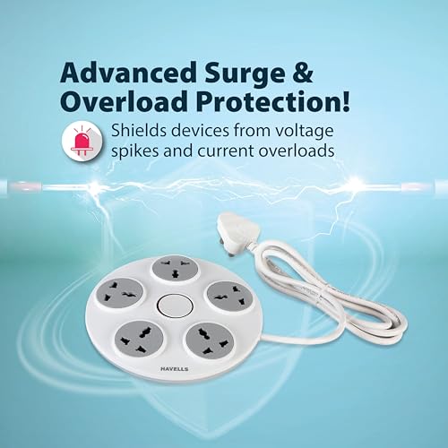 Havells Wheel Star 5X 5+1 Round Extension Board | Overload, Over Current & Over Voltage Protection | 1.5 Mtr Copper Wire | ISI Certified Wire & Plug | Universal 3 Pin 5 Sockets | LED Indicator | Home & Office Use - Image 5