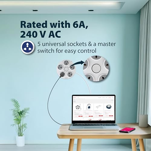 Havells Wheel Star 5X 5+1 Round Extension Board | Overload, Over Current & Over Voltage Protection | 1.5 Mtr Copper Wire | ISI Certified Wire & Plug | Universal 3 Pin 5 Sockets | LED Indicator | Home & Office Use - Image 3