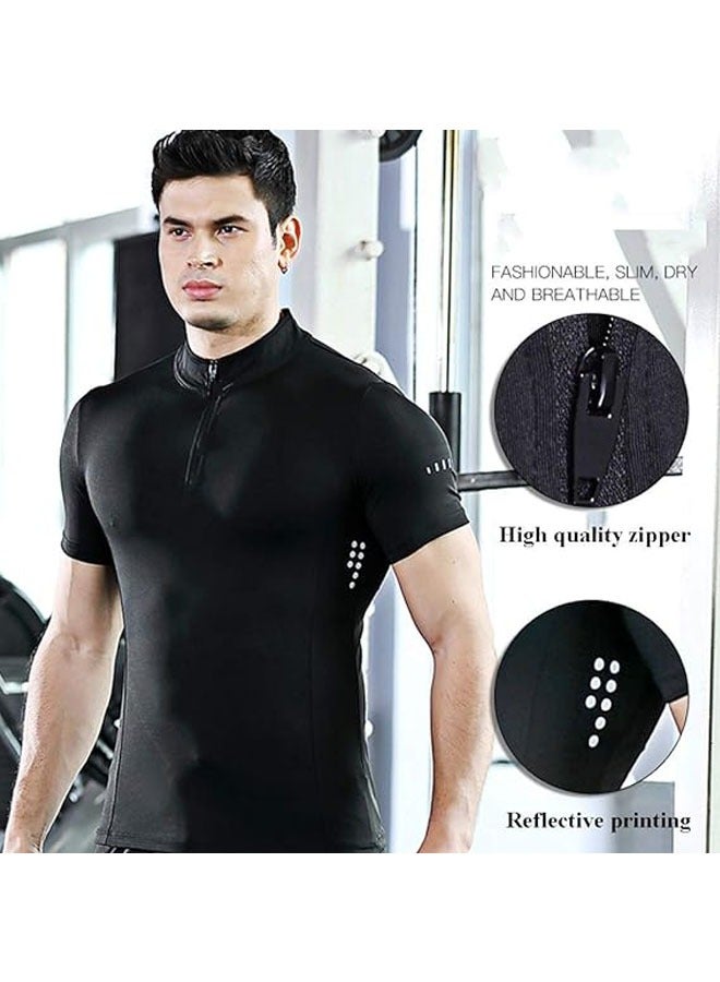 Men's short sleeve high neck fitness compression t-shirt cool dry moisture wicking stretch 1/4 zip basketball training running sweat sports tight top - Image 2