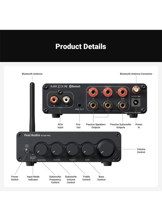 Fosi الصوت Fosi Audio BT30D Pro TPA3255 مضخم صوت ستيريو 5.0 عالي الوضوح بتقنية البلوتوث 5.0 مضخم صوت ستيريو 2.1 قناة صغيرة مدمجة من الفئة D 165 واط ×2+350 واط لمكبرات الصوت المنزلية الخارجية/مكبرات الصوت المكتبية/مكبرات الصوت الفرعية  - Image 4