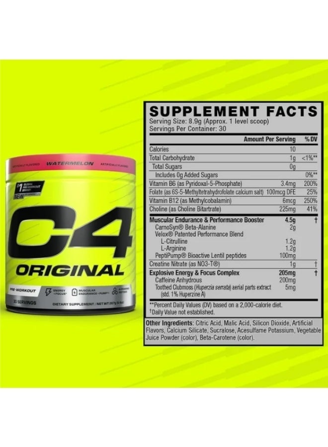 Cellucor C4 Original Pre-Workout Powder – Watermelon Flavor 200mg Caffeine, 2g CarnoSyn Beta-Alanine, Creatine Nitrate Sugar-Free Energy & Endurance Formula 282g 30 Servings - Image 3