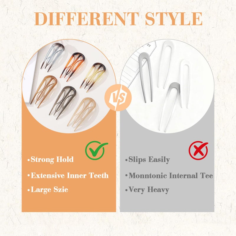 CHLINS 6 PCS French Hair Pins for Women - Large U-Shaped Hair Forks with Internal Teeth, Strong Hold for Thick & Thin Hair, Effortless French Twists, Updos, Buns & Chignons, Hairstyle Accessories - Image 3