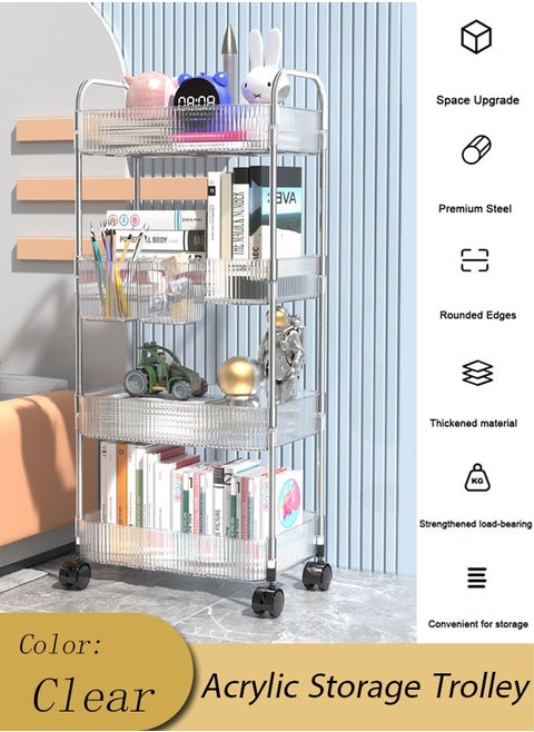 4-Tier Household Storage Trolley Cart Shelf With 4-Layer Wheels, Transparent Acrylic Movable Shelving Organizer, Rolling Organizer Cart, Kitchen Bathroom Livingroom Utility Cart With Handle, Multifunctional Snacks Cart, Mobile Cosmetics Rack
