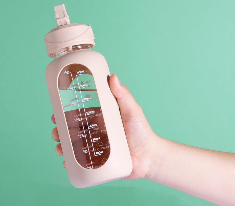 CIVAGO 32 oz Glass Water Bottle with Straw and Handle, Large Sports Motivational Water Bottle Flask with Time Marker and 2 Lids, Leakproof Water Jug Canteen with Silicone Sleeve for Gym,Beige - Image 5
