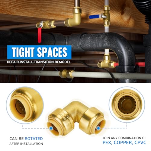 SUNGATOR 1/2 Inch 90 Degree Elbow, Push Pex Elbow 1/2 Inch, No Lead Brass Push-to-Connect 90 Degree Plumbing Fittings for Pex Pipe, Copper, CPVC, with 1 Disconnect Clip, Pack of 6 - Image 4
