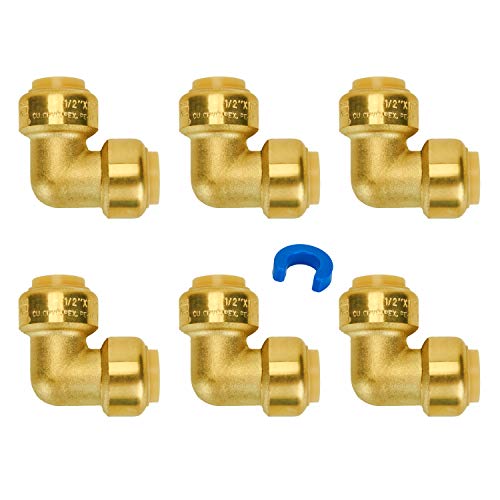SUNGATOR 1/2 Inch 90 Degree Elbow, Push Pex Elbow 1/2 Inch, No Lead Brass Push-to-Connect 90 Degree Plumbing Fittings for Pex Pipe, Copper, CPVC, with 1 Disconnect Clip, Pack of 6 - Image 1