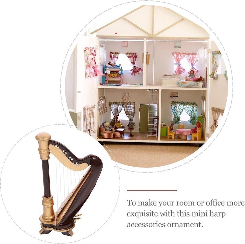 EXCEART Wooden Mini Harp Model Ornament, 9CM Hand-Made Wooden Harp for Home Office Musical Instrument Decoration with Case - Image 3