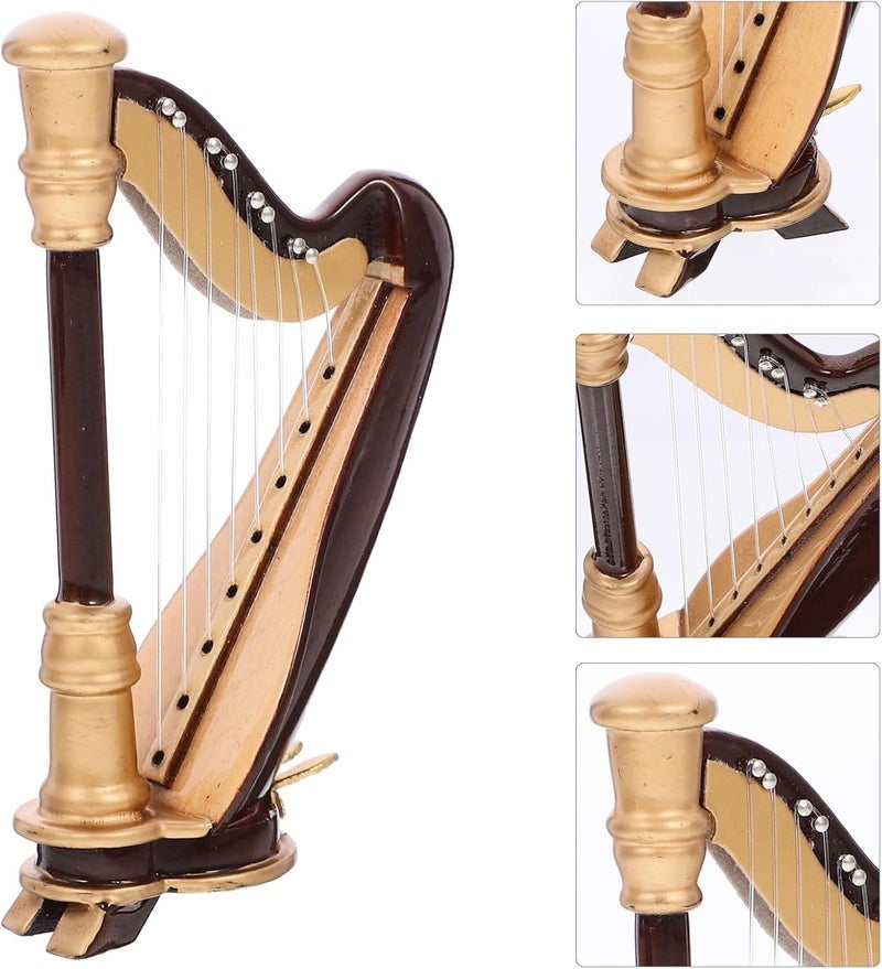 EXCEART Wooden Mini Harp Model Ornament, 9CM Hand-Made Wooden Harp for Home Office Musical Instrument Decoration with Case - Image 4