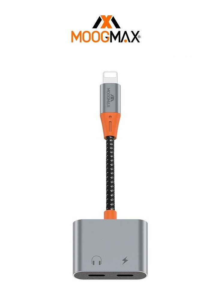 MOOGMAX - A Headphone jack and a dual charger with an iPhone (Lightning) port. It is made of fabric that is difficult to cut and easy to carry. It transmits sound and charges quickly and with high quality. - Image 1