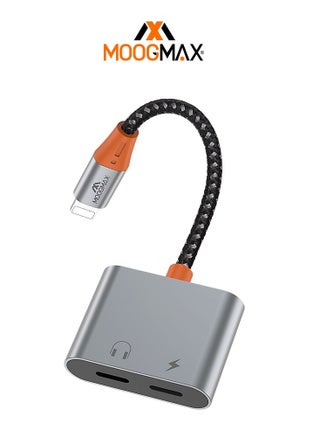 A Headphone jack and a dual charger with an iPhone (Lightning) port. It is made of fabric that is difficult to cut and easy to carry. It transmits sound and charges quickly and with high quality. - view 2