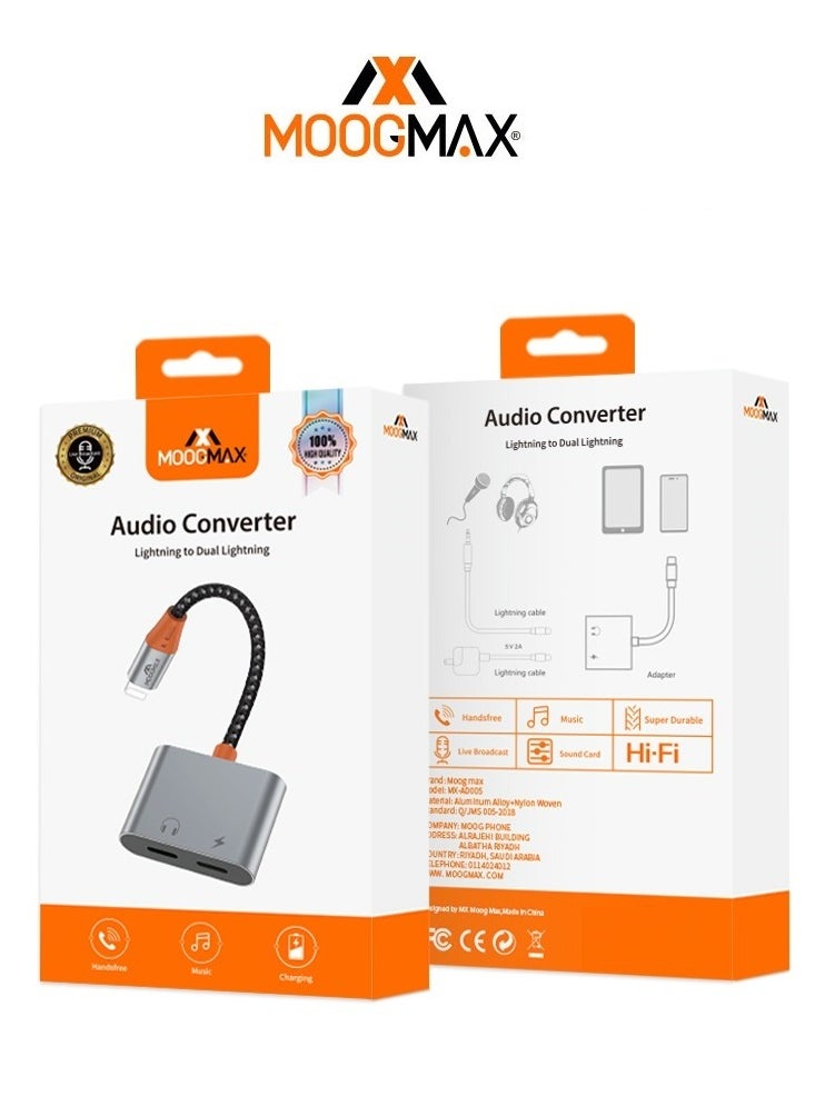 MOOGMAX - A Headphone jack and a dual charger with an iPhone (Lightning) port. It is made of fabric that is difficult to cut and easy to carry. It transmits sound and charges quickly and with high quality. - Image 1