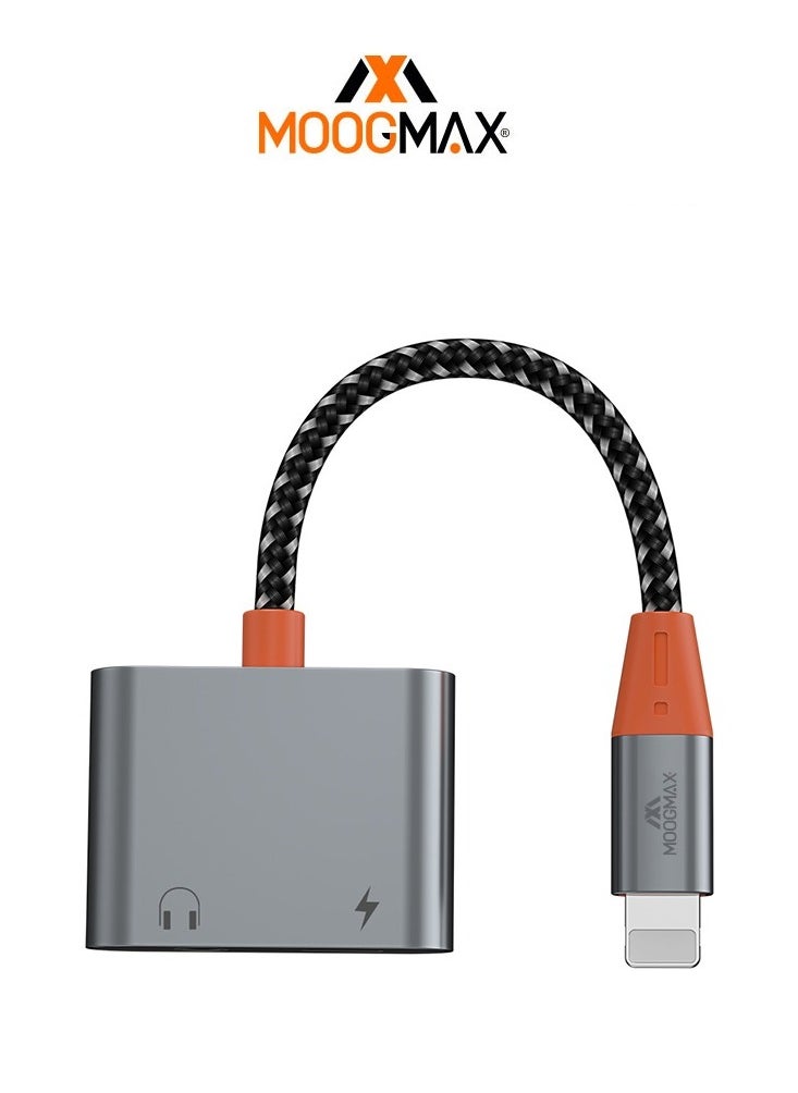 MOOGMAX - A Headphone jack and a dual charger with an iPhone (Lightning) port. It is made of fabric that is difficult to cut and easy to carry. It transmits sound and charges quickly and with high quality. - Image 1