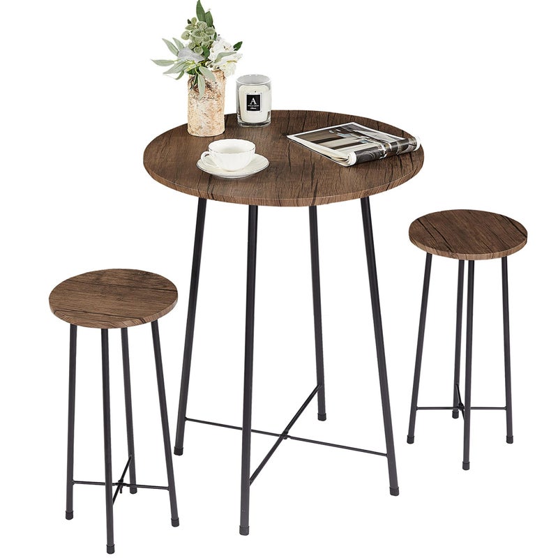 VECELO 3Piece Table Sets Round Bistro Pub Furniture and Chairs Set of 2 Counter Height Wood topSmall Spaces Saving for Dining Room Breakfast Coffee