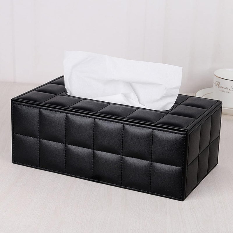 RHCSZ High-end Fashion PU Leather Tissue Box Holder Business Black, Rectangular Napkin Holder Drawer Paper Dispenser, Home Office Car Tissue Holder with Magnetic Bottom (Black Checkered) - Image 3