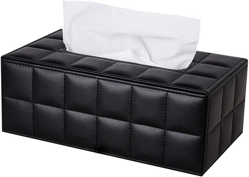 RHCSZ High-end Fashion PU Leather Tissue Box Holder Business Black, Rectangular Napkin Holder Drawer Paper Dispenser, Home Office Car Tissue Holder with Magnetic Bottom (Black Checkered) - Image 1