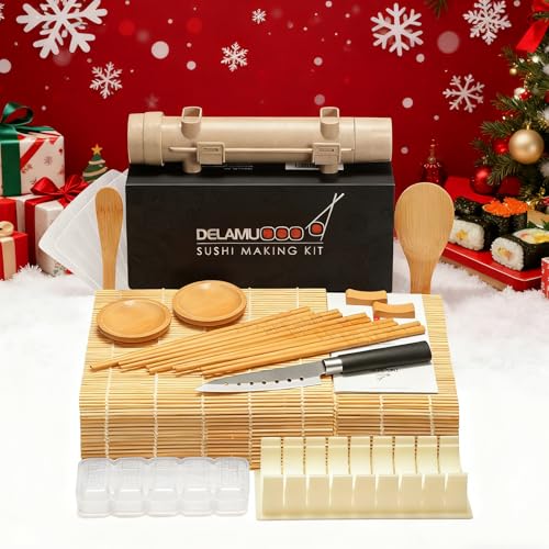 Delamu Sushi Making Kit, 20 in 1 Bazooka Roller Kit with Chef’s Knife, Bamboo Mats, Rice Mold, Temaki Sushi Mats, Rice Paddle, Spreader, Chopsticks, Sauce Dishes, Guide Book - Image 2
