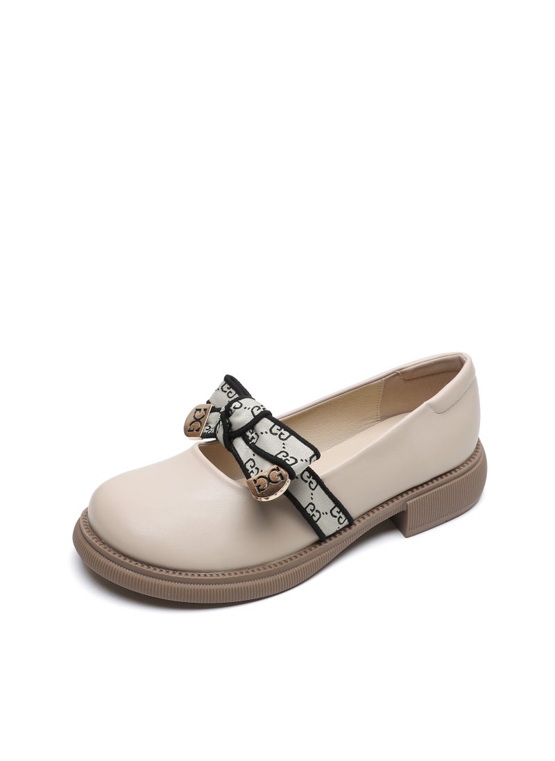 Loquat Round Head Preppy Shoes With Soft Sole Beige  - Image 1