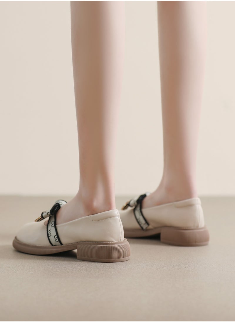 Loquat Round Head Preppy Shoes With Soft Sole Beige  - Image 3