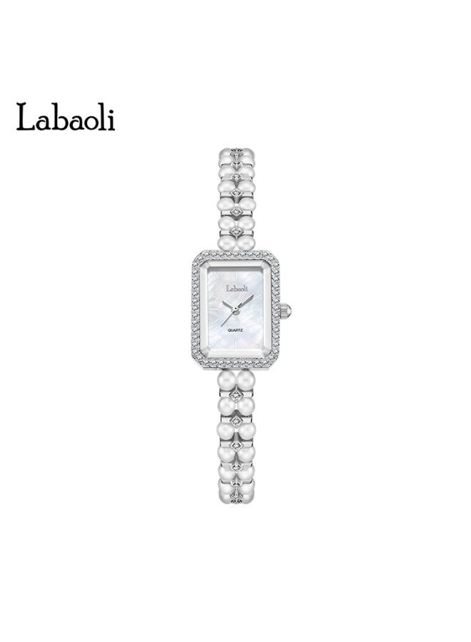 Labaoli Elegant Ladies Pearl Wristwatch Rectangle Square Case Rhinestone Bezel Shell Dial Rose Gold Quartz Dress Watch - Image 1