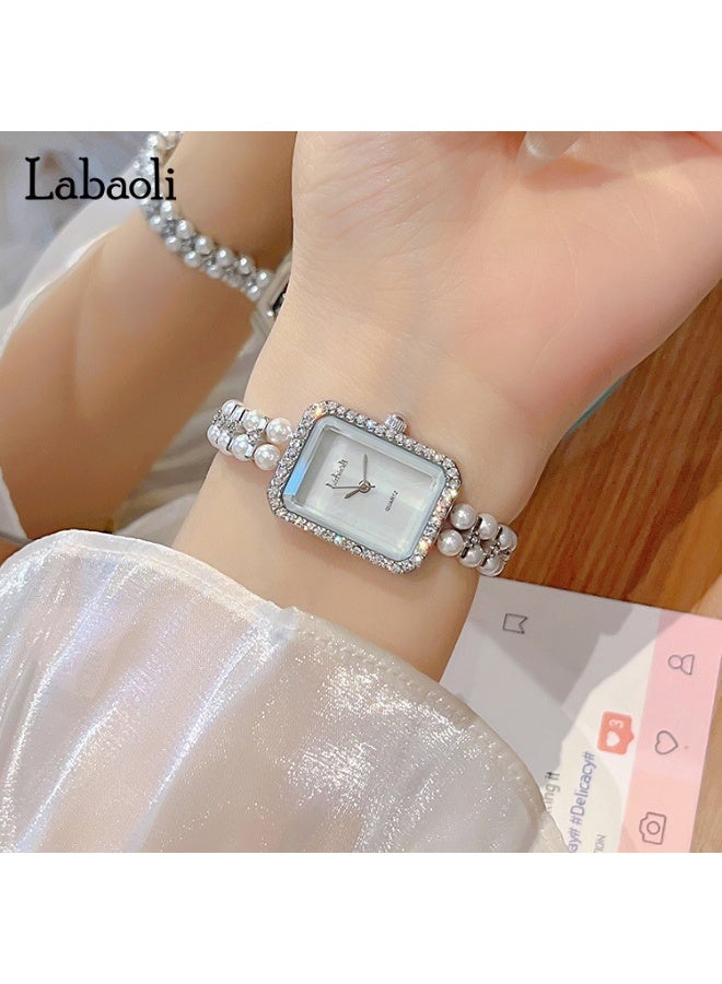 Labaoli Elegant Ladies Pearl Wristwatch Rectangle Square Case Rhinestone Bezel Shell Dial Rose Gold Quartz Dress Watch - Image 2