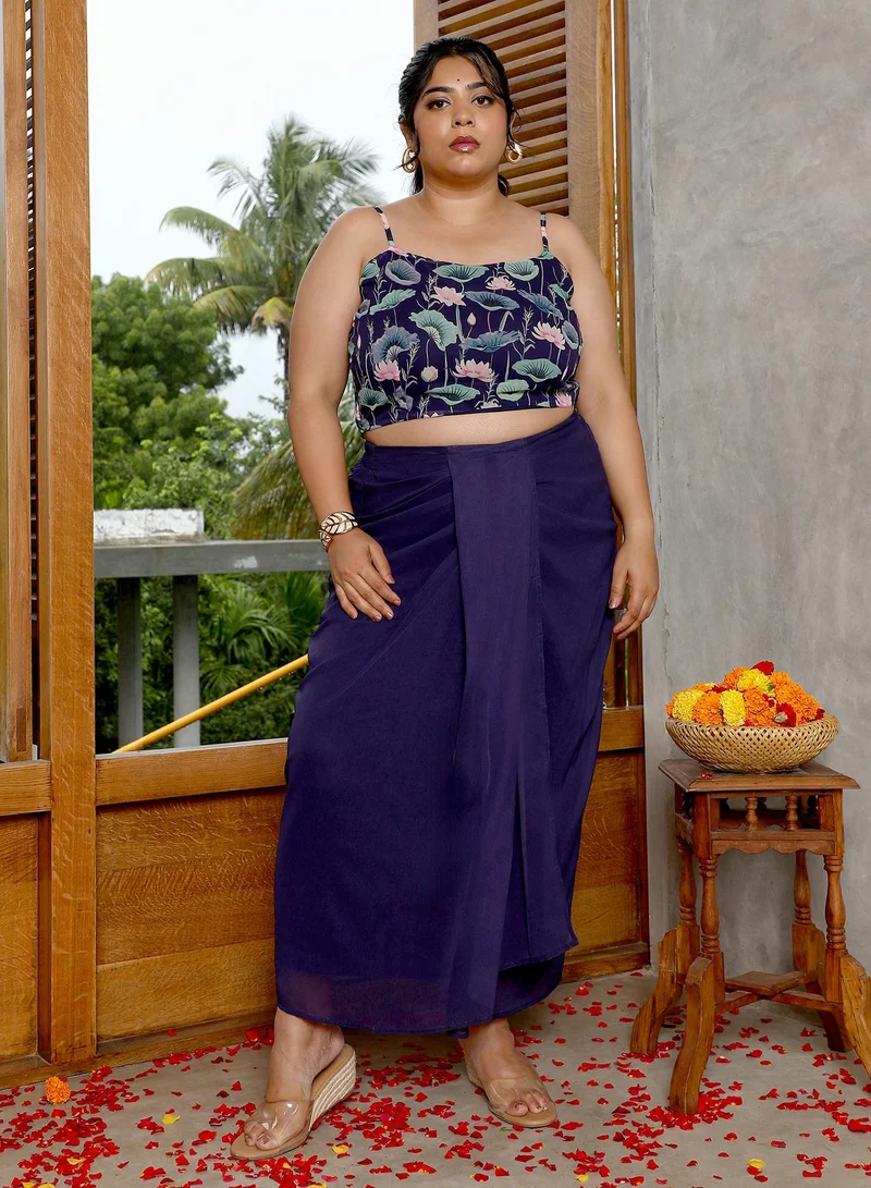 انستافاب بلس Instafab Plus Women's Navy Blue Flora-Imprint Draped Co-Ord Set For Ethnic Wear | Spagetti Straps, Quarter Kimono Sleeves | Floral Print Plain Fabric | 3 Piece Co-Ords For Evening & Party Wear