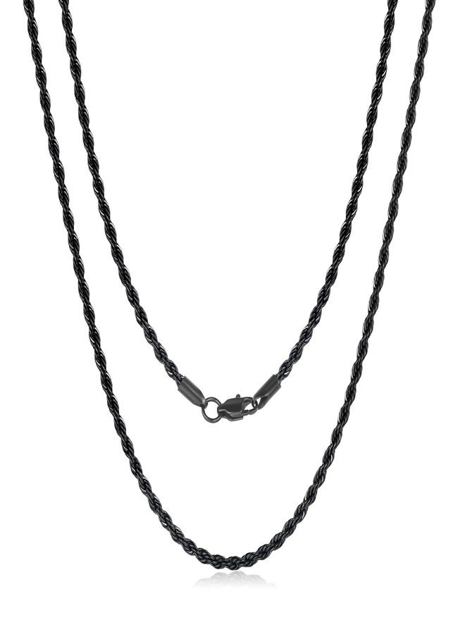 FOSIR Black Rope Chain for Men, 3mm Stainless Steel Chain Necklace for Men and Women, Twist Mens Chains Necklaces 20 Inch - Image 1