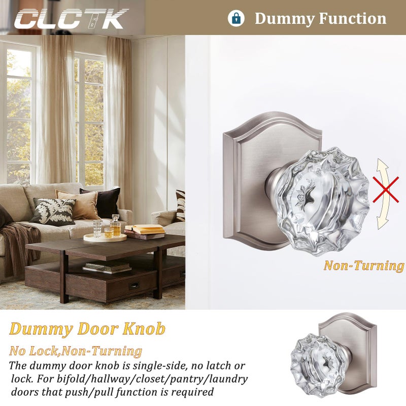 CLCTK 2 Pack Crystal Dummy Door Knobs, Non-Turning Single Side Dummy Door Knob, Brushed Nickel - Image 2
