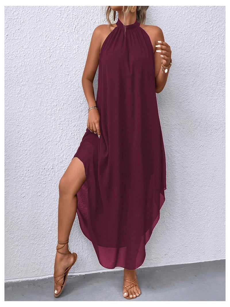 Verdusa Women's Formal Wedding Guest Dress Halter Flowy Chiffon Asymmetrical Long Summer Dress Rust Brown Medium - Image 3