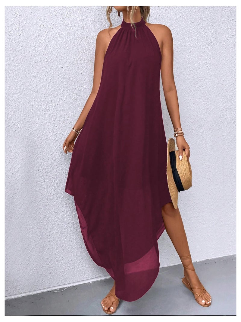Verdusa Women's Formal Wedding Guest Dress Halter Flowy Chiffon Asymmetrical Long Summer Dress Rust Brown Medium - Image 5