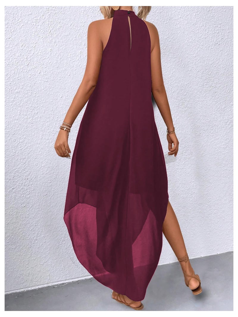 Verdusa Women's Formal Wedding Guest Dress Halter Flowy Chiffon Asymmetrical Long Summer Dress Rust Brown Medium - Image 2