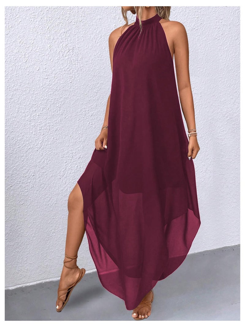 Verdusa Women's Formal Wedding Guest Dress Halter Flowy Chiffon Asymmetrical Long Summer Dress Rust Brown Medium - Image 4
