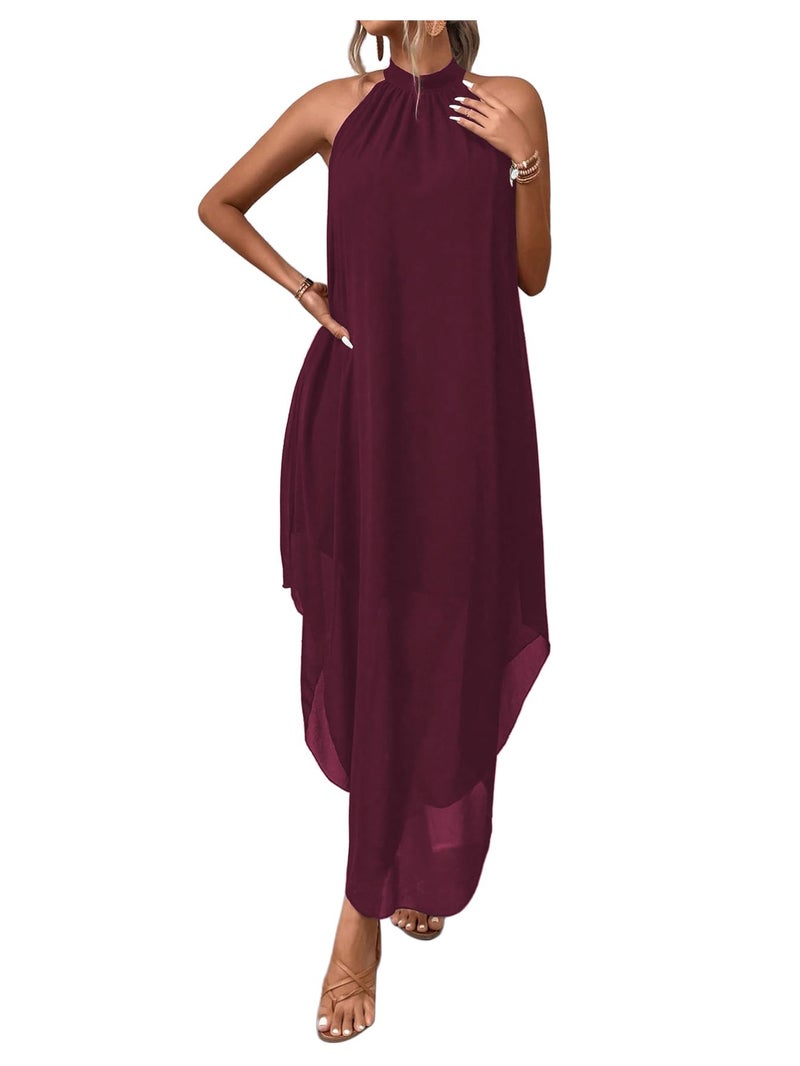Verdusa Women's Formal Wedding Guest Dress Halter Flowy Chiffon Asymmetrical Long Summer Dress Rust Brown Medium - Image 1