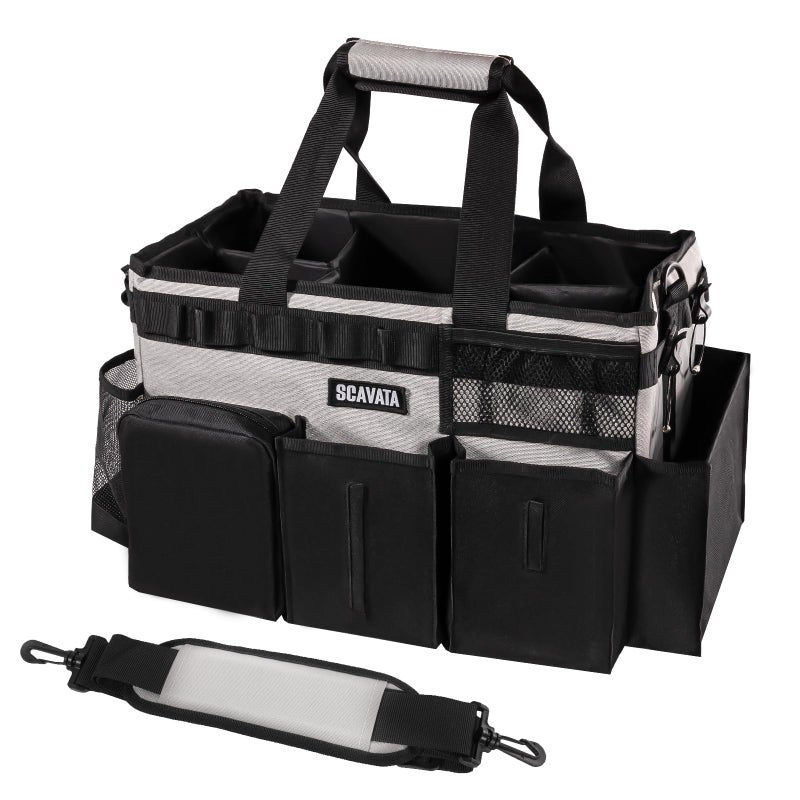 SCAVATA Wearable Cleaning Caddy Bag, Cleaning Caddy Supplies Organizer with Handle & Shoulder Straps for Housekeepers, Under Sink & Car Cleaning Tool Organizers with 4 Foldable Divider (Grey) - Image 1